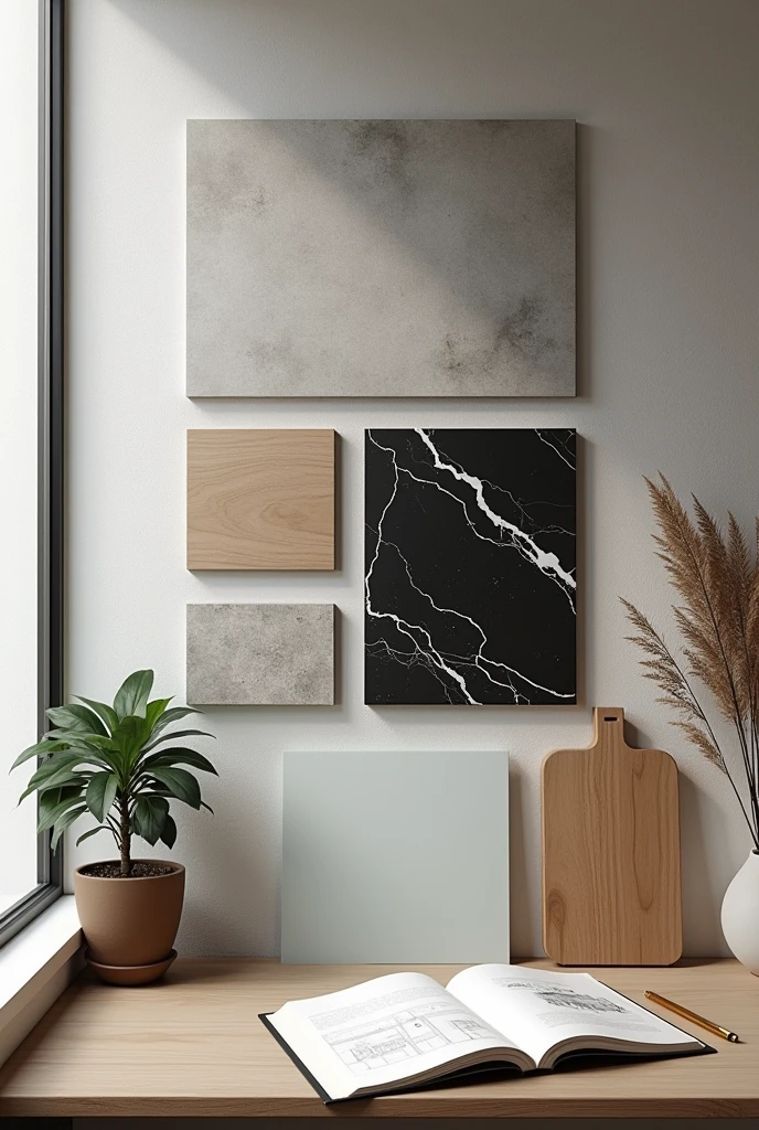 Create a photorealistic image of an architectural moodboard, displaying a selection of materials and textures. At the center, highlight a sample of burnt cement in a light gray hue, complemented by a piece of black marble with white veins. Around these main samples, include textures like natural wood in a medium tone, brushed stainless steel metal, and frosted glass. Add decorative elements, like a plant in a minimalist pot, a golden pen, and an open sketchbook with architectural drawings. The composition must be organized and stylish, capturing the essence of contemporary design
