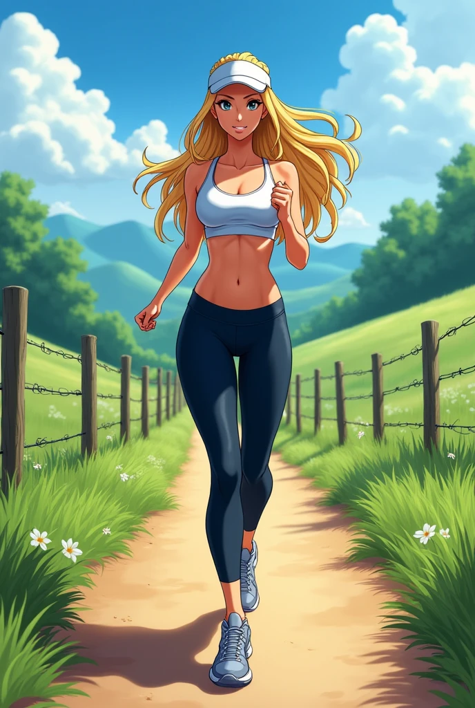 beautiful very fit anime woman, very long blonde hair, medium muscles, visible muscles, sports bra, visor, athletic leggings, sneakers, medium breasts, walking on a dirt path in the countryside