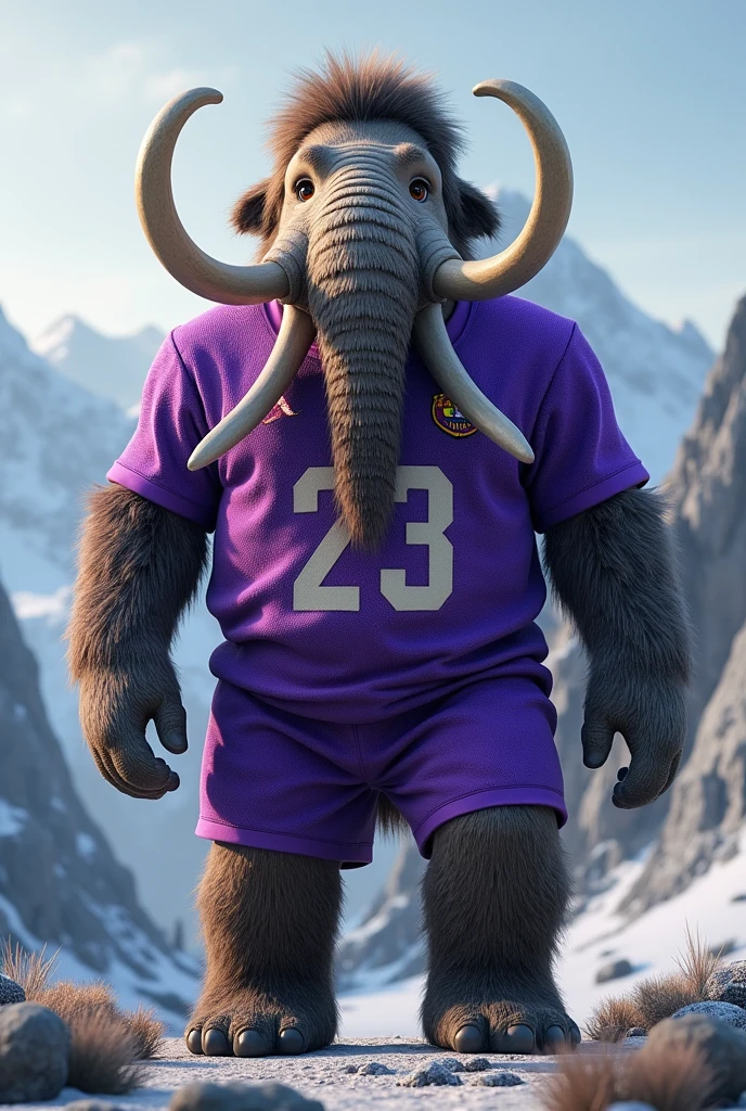 A mammoth wearing a purple soccer jersey with the number 23 on it