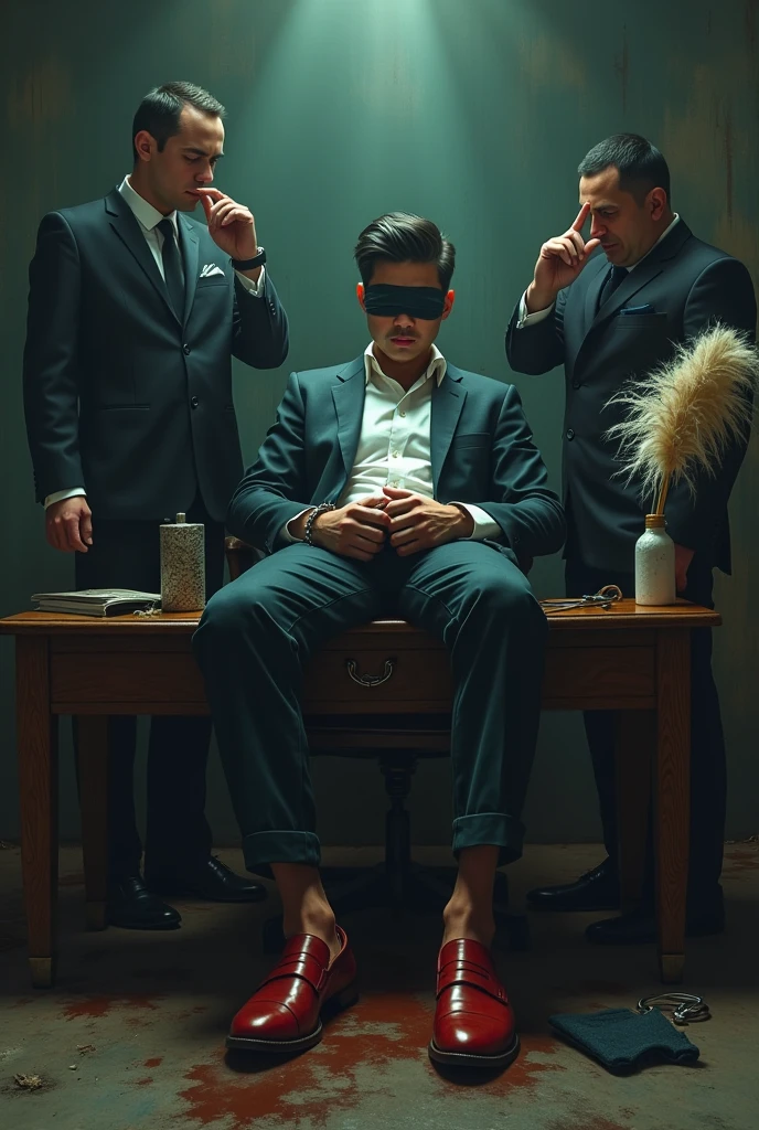 Malaysia handsome malay Zarul 22 years lawyer
He faint
Focus 5 Toes Smelly feet
His hand handcuff in abondon warehouse
Blindfolded
handcuff
Formal Outfit
Focus sweaty hot feet on desk
feather duster on desk
Dirty black long sock on desk
Red loafers shoes on floor
2 evil mafia pinch nose