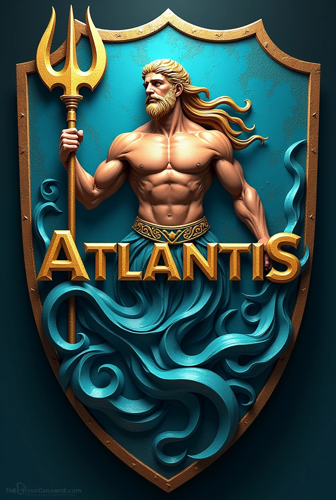 a team shield, with an image of poseidon with trident, a water fund with a gigantic name "Atlantis"