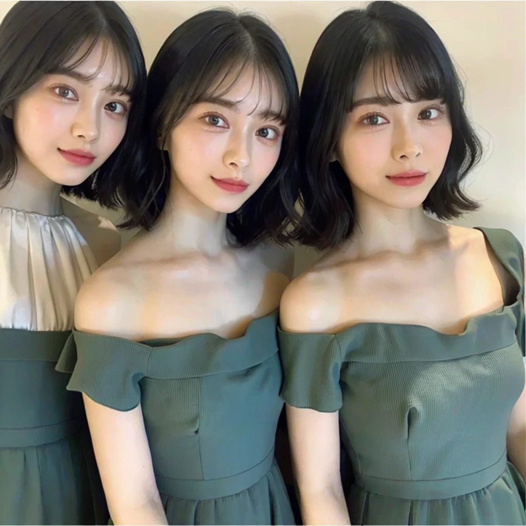 ((Highest quality, 8K, masterpiece:1.3)), concentrated:1.2, Beautiful woman with perfect figure:1.4, Stick your butt out:1.2, ((Cut your hair in layers:1.2)), (Medium sized breasts),(Bandeau dress:1.5), Highly detailed face and skin texture, Detailed eyes, double eyelid,Whitening the skin,Long white hair,(Keep your mouth shut:1.3),smile, portrait photos,
(((cloned face)))
(((similar identical twins)))
All the girls have the exact same face, The two have the same face and figure, as if they were mirror images