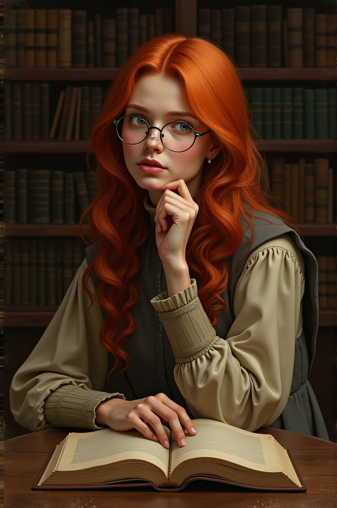medieval redhead writer, with round glasses and septum piercing