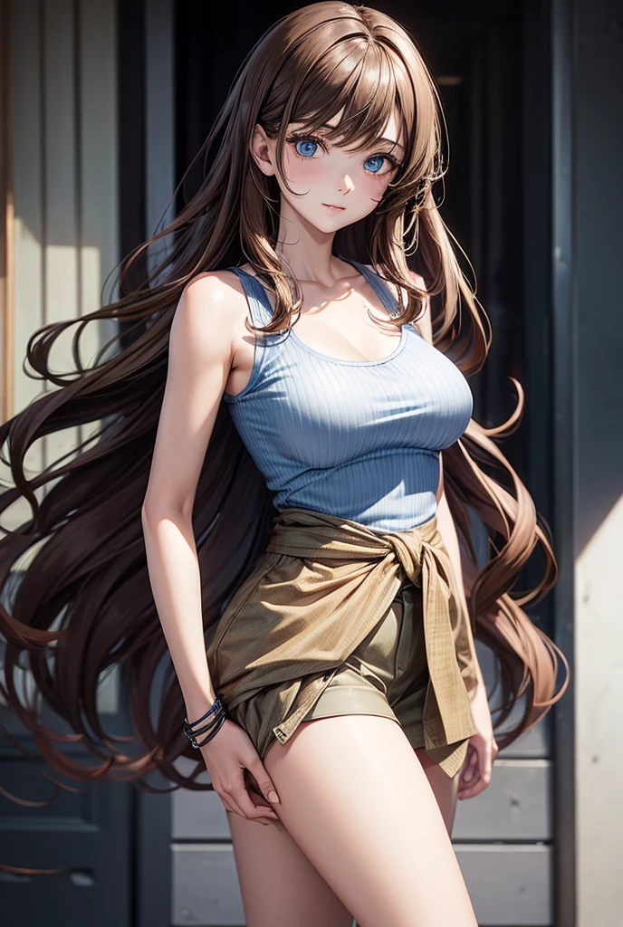  girl with waist-length brown hair with waves, blue eyes, medium breasts, slim waist casual wear
