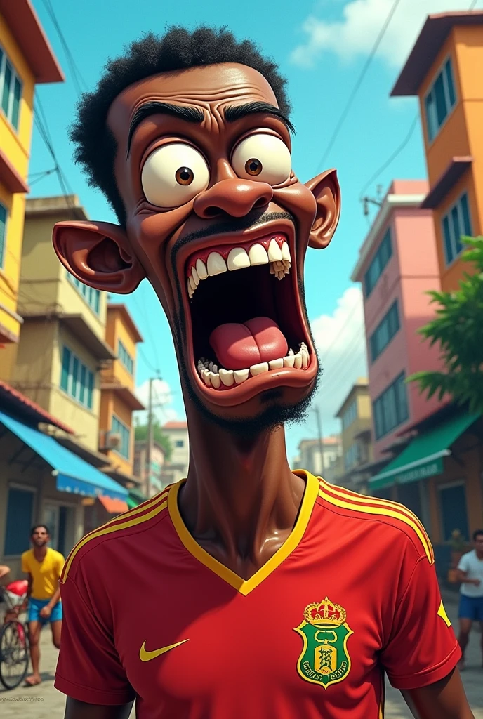 Black man with a Flamengo shirt with giant lips smiling in the favela with his head disproportionate to his body caricature bulging eyes skinny man screaming