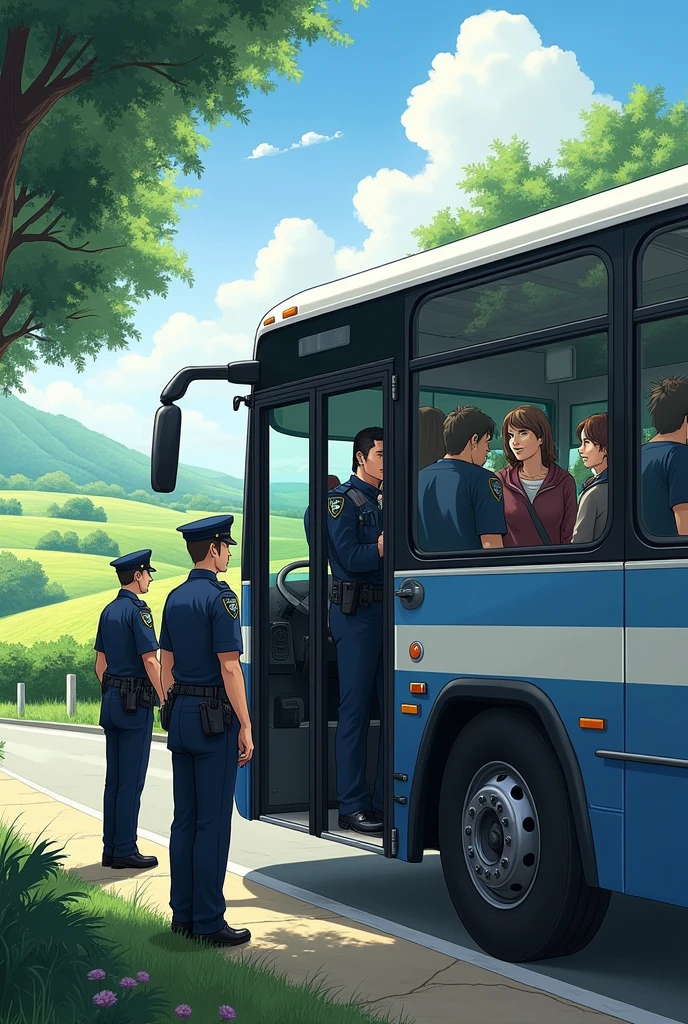 Parked bus with two police officers about to get on, with a natural landscape in the background and through the bus window you can see people
