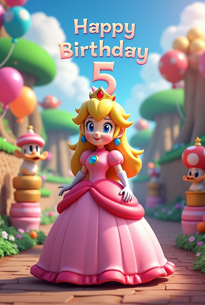 An image for a birthday post, with the theme of MARIO'S PRINCESS PEACH, that you can see the MARIO KARTS landscape, that birthday number 5 be specified, and in the image that says the phrase "HAPPY BIRTHDAY JAELYS KASAHIA" in the center part with big and nice letters