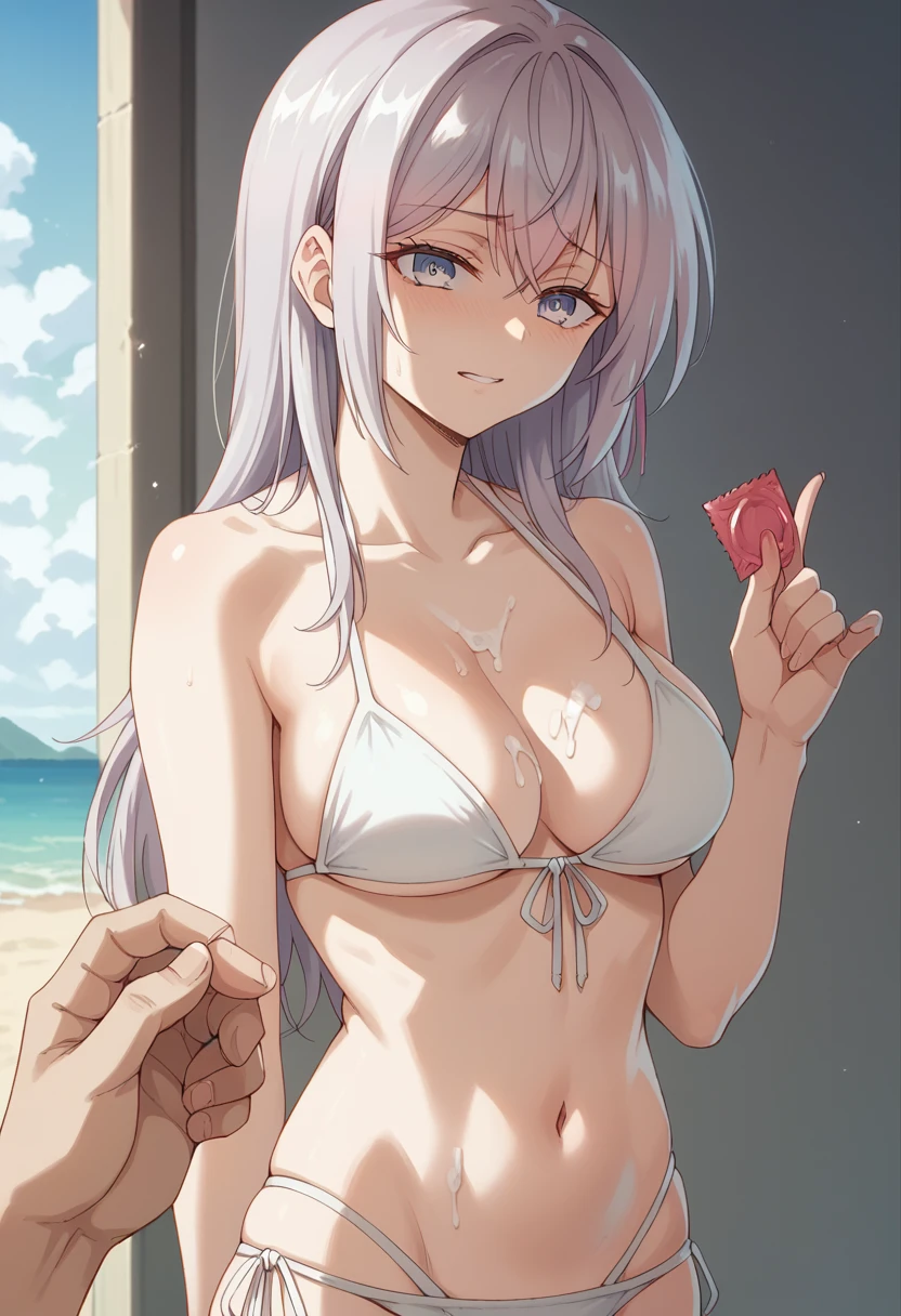 Alisa Mikhailovna Kujou, bikini, holds a condom filled with cum in his hand