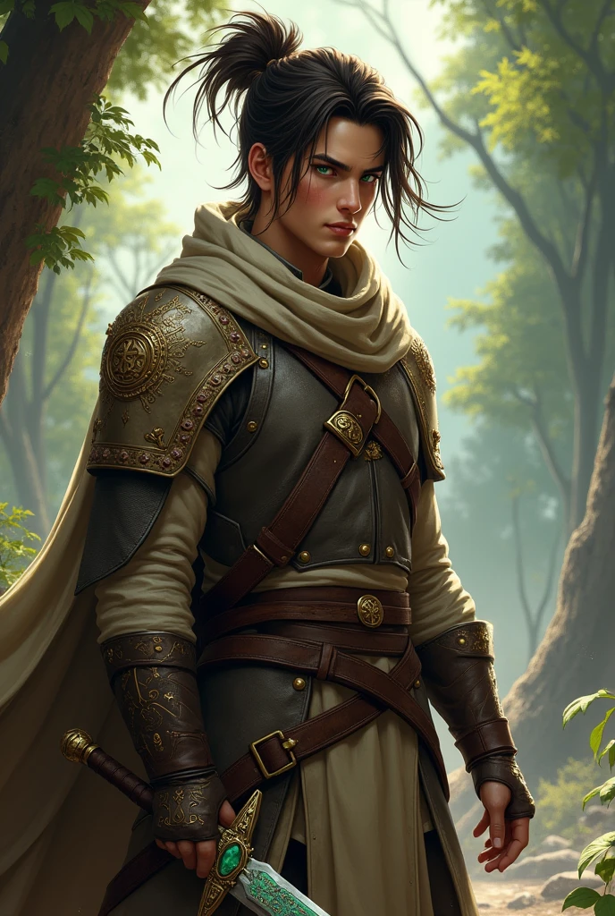 Lian is a young adventurer of approximately 20 years old., coming from medieval era. With an athletic stature and firm posture, he is an example of strength and agility. His hair is brown and disheveled, often tied up in a bun so as not to get in the way during their battles. Their eyes, intense green, reflect an unwavering determination and an insatiable curiosity about the world around them.

Lian is known for his exceptional skill with the sword., a blade forged with ancient runes that glows with a soft, mystical light. This sword is not just a weapon, but a symbol of his rigorous training and courage. He wears reinforced leather armor, designed to offer mobility without compromising protection. The armor is adorned with symbols of your clan and details indicating your achievements..

Despite his focus on the sword, Lian also has a rudimentary knowledge of magic., acquired through studies and practices with local magicians. This knowledge helps you imbue your blade with spells and enchantments., increasing your combat effectiveness.

Her fearless and loyal spirit makes Lian a natural leader among her fellow adventurers.. He is driven by the pursuit of justice and the desire to protect the innocent.. Your journey is marked by battles against monsters and challenges in dark caves., where his skill with the sword and his knowledge of magic prove indispensable