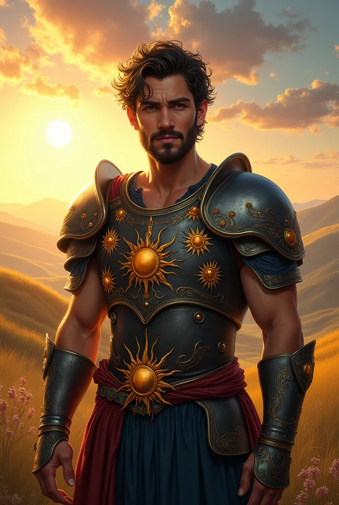 Young Gypsy man in armor and sun and star brooches hanging around