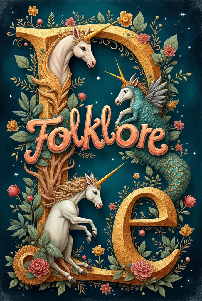 Create an image using word "Folklore" onde cada letra é enfeita com alguma características de uma lenda do Folklore