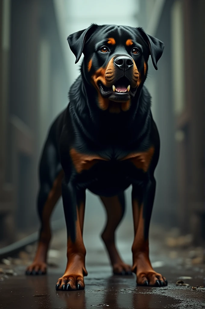 “A muscular Rottweiler with a threatening, angry glare and bared teeth. The dog’s strong, powerful frame is evident as it stands in a protective stance, with its black and tan coat accentuated in a shadowy industrial area.”