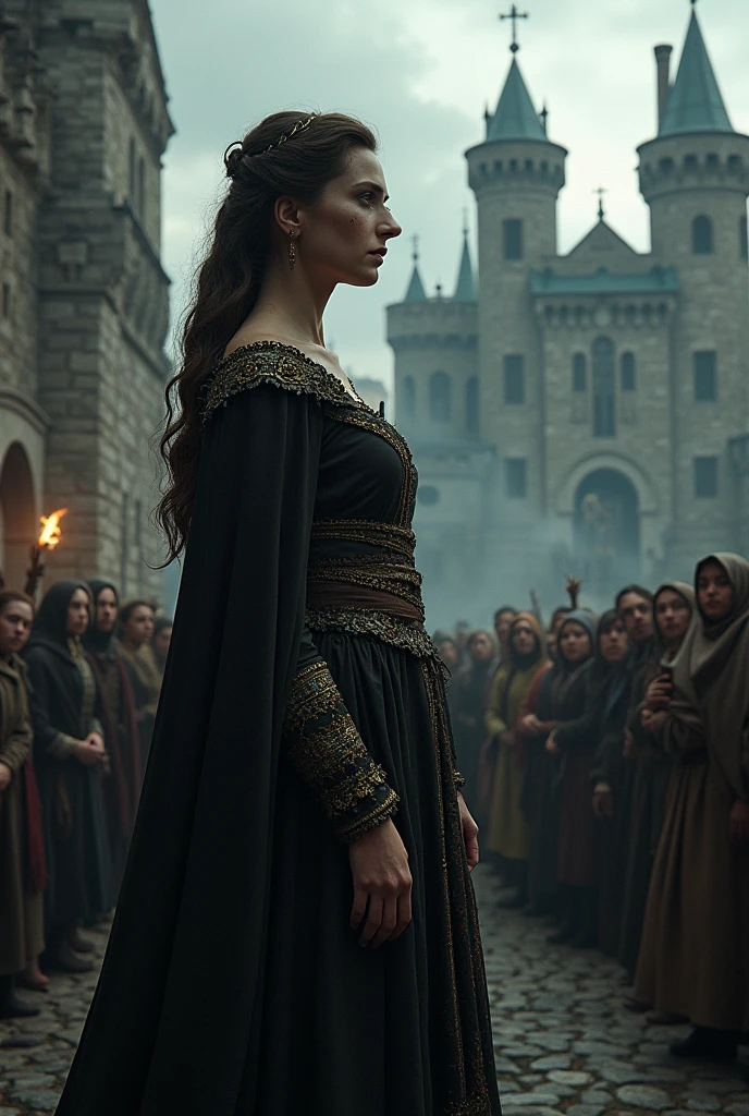 middle Ages, A queen reveals outside her castle to her people that her daughter is a witch in an ultra religious society preferring her people over her, She feels distressed and the frightened daughter was sent to the gallows, Dark phantasy style, Choose a shot that is interesting to the viewer and that works to provoke shock