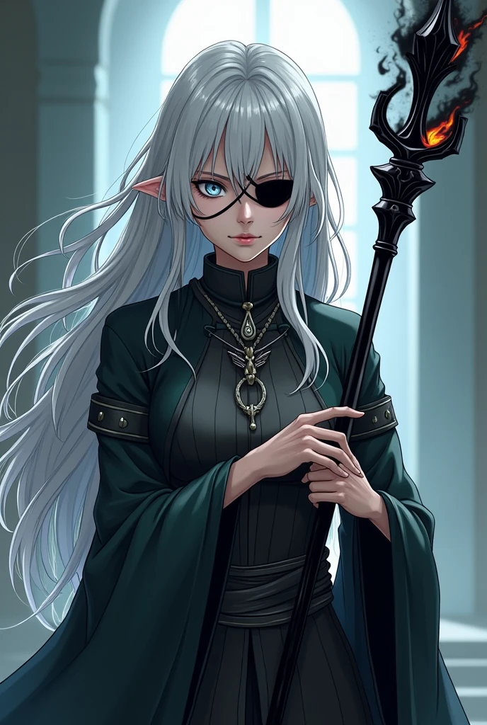 Japanese anime style art: Beautiful woman with long white hair, has silver eyes and wears an eye patch, being a witch wears medieval clothing, carries in one hand a spiral black sword that resembles a spear, has a cold expression and one of his hands has a black flame