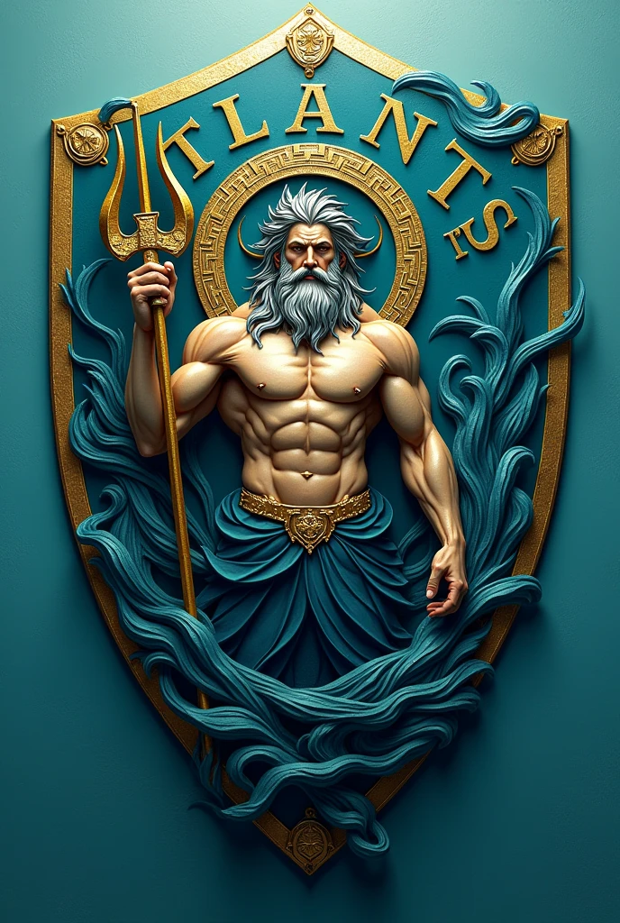 a team shield, with an image of poseidon with trident, a water fund with a gigantic name "Atlantis"