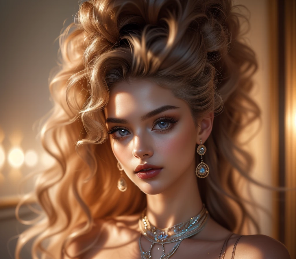 ((hyperrealism)), ((masterpiece)), ((breathtaking)) photo portrait of a gorgeous goddess with voluminous curly blonde hair, huge light grey sparkling eyes, very full luscious lips, ((dark silky skin with ethereal shimmer)), long eyelashes, very long neck, beautiful straight eyebrows, ((angelic beauty))