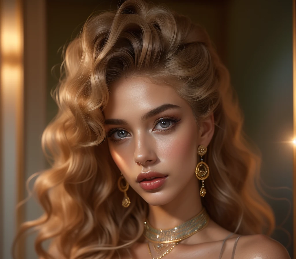 ((hyperrealism)), ((masterpiece)), ((breathtaking)) photo portrait of a gorgeous goddess with voluminous curly blonde hair, huge light grey sparkling eyes, very full luscious lips, ((dark silky skin with ethereal shimmer)), long eyelashes, very long neck, beautiful straight eyebrows, ((angelic beauty))