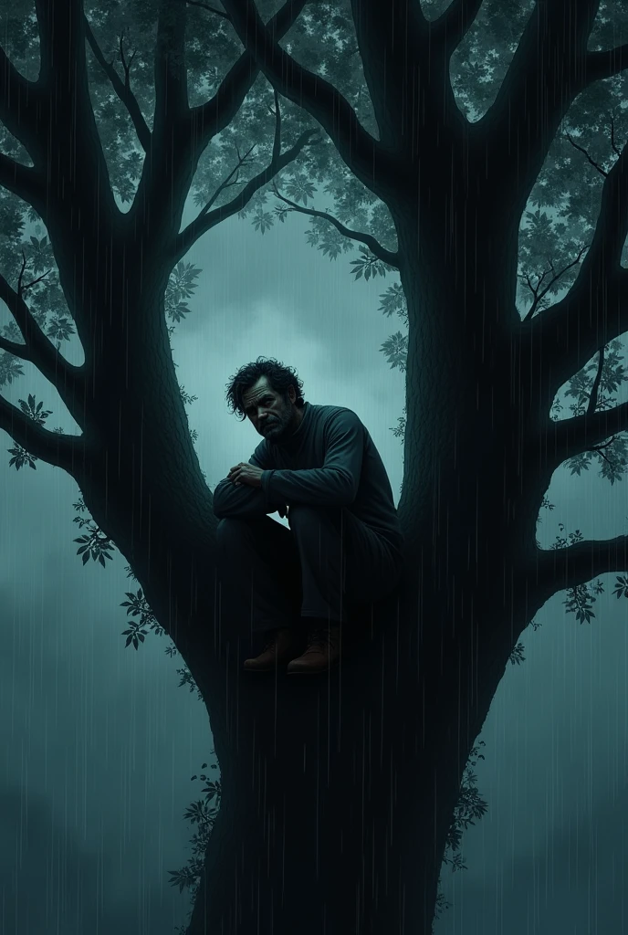 A man in a tree, that it is night and that it is raining, that is leaning on the tree