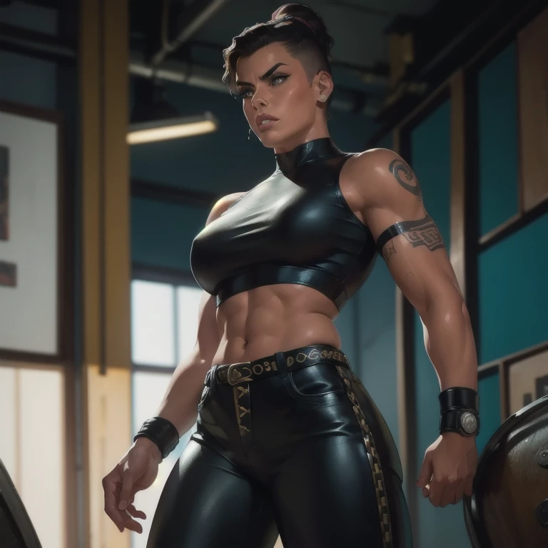 a muscular girl with undercut hair, colorful tattoos, wearing leather pants, Metallica rock t-shirt, cinematic lighting, highly detailed, photorealistic, 8k, hyperrealistic, sharp focus, chiaroscuro lighting, dramatic shadows, moody atmosphere, dynamic pose, gritty urban setting, dark and gritty, extreme texture detail, oil painting style, saturated color palette, deep contrasts