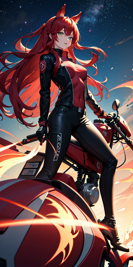 1 person,woman,Medium long hairstyle,Red Hair,Blue Flame, Vortex of flames,wallpaper, Wind景,Depth of written boundary, night, Particles of light, light, Side light, Thighs,****, cloud,Gaze, Large Breasts, Green Eyes, Horse ears, Bright smile,Open your mouth,Wind,Riding a red motorcycle,vehicle,Driving,Straddle,Riders jacket,Riders pants,sunglasses, 