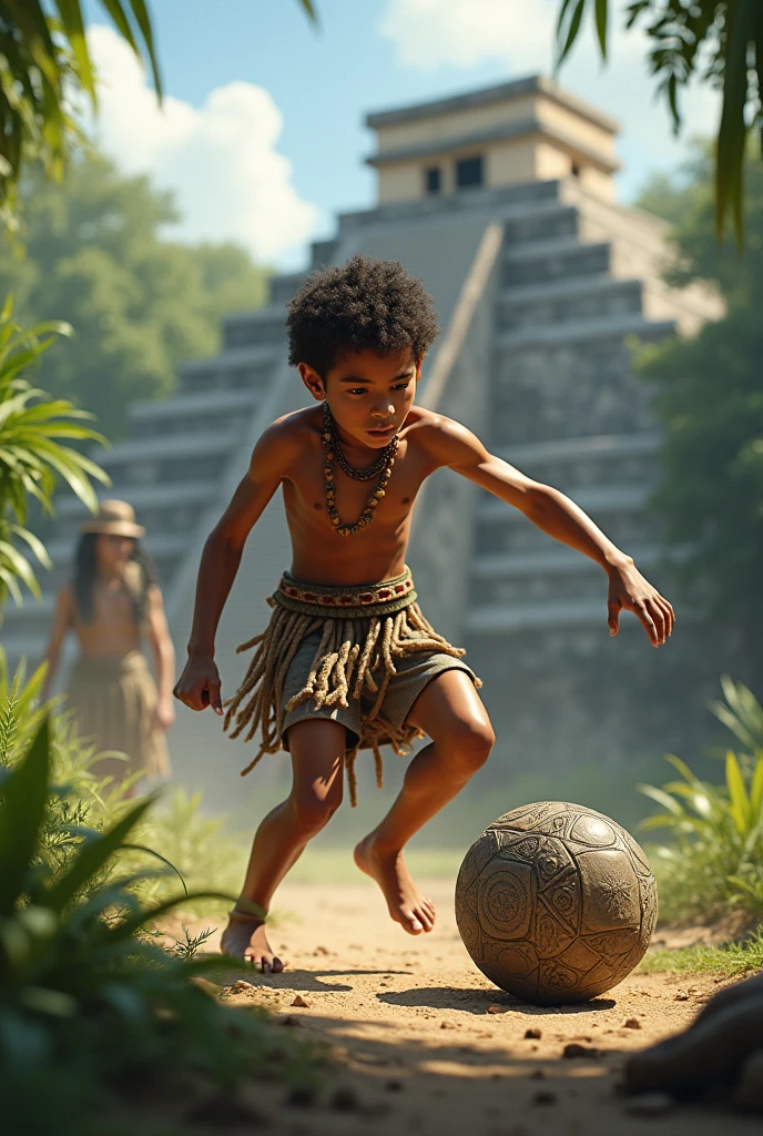 A boy kicking a Mayan stone ball