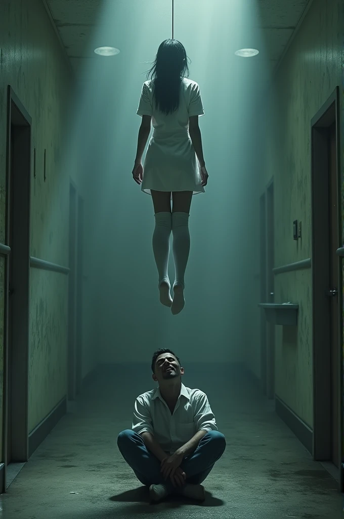 Scene of female nurse hanging herself in white thigh high socks ,hovering in the air , a man sitting on the ground in panic