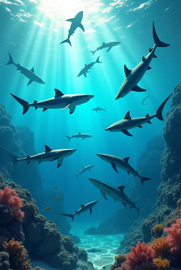 Various types of 3D sharks swimming in crystal clear waters




