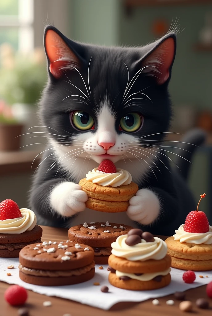 Cat eating desserts, brownies, cookies that the cat's fur is black and white