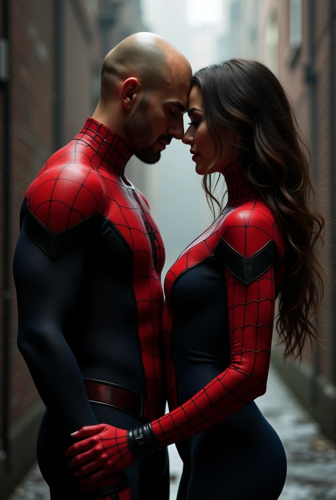 Spider man, without mask, black and red costume, dark-haired man with shaved hair next to his girlfriend, spider woman, long brown hair 