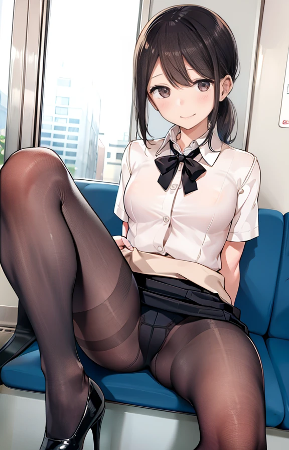 Recruitment Suit、Short-sleeved shirt、Office Lady、Tight mini skirt、パンティstockings、Thin legs、slender、ponytail、ribbon、Earrings、Sit on the train、View from the front、Lace panties、smile、High heels、Pantyhose、stockings、tights