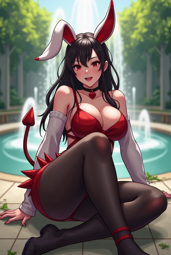 score_9, score_8_above, score_7_above, score_6_above, score_5_above, score_4_above,fountain_cheered up, Whole body, 1 girl, p0w3r0x1, by the wide, by rubio, red horns, demon paboveils, naked, black pantyhose, rabbit costume, lie down, open legs, legs above, thighs, Wide hips, big ass