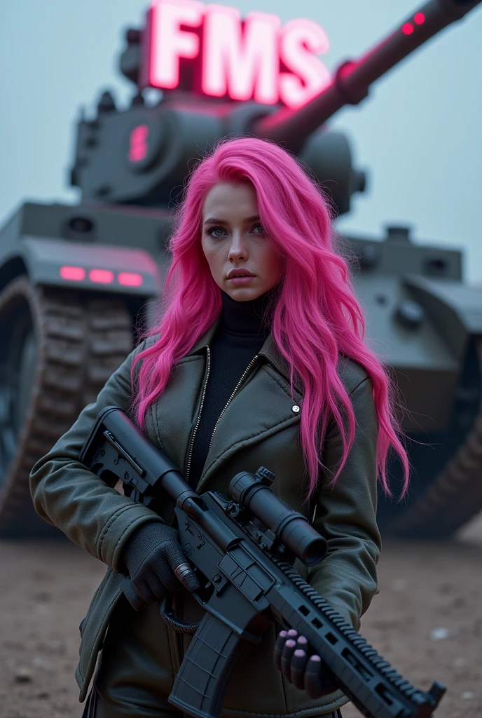1 woman with exuberant beauty, With long hair, bright pink wavy hair, with a rifle in his hand and looking at the viewer with piercing eyes. Behind her is a huge war tank with tracked wheels and some pink details and a luminous sign that says “FMS”