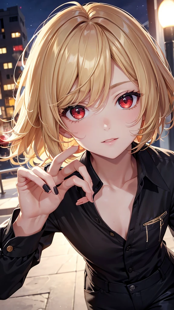 One person,good looking,1,, Are standing,Close-up photo,Perfect Face, High-quality face, Super detailed face, short hair, Blonde, Messy Hair,Black long sleeve shirt, Open Button,Black trousers, Red eyes,At night,Super detailed, Ultra HD