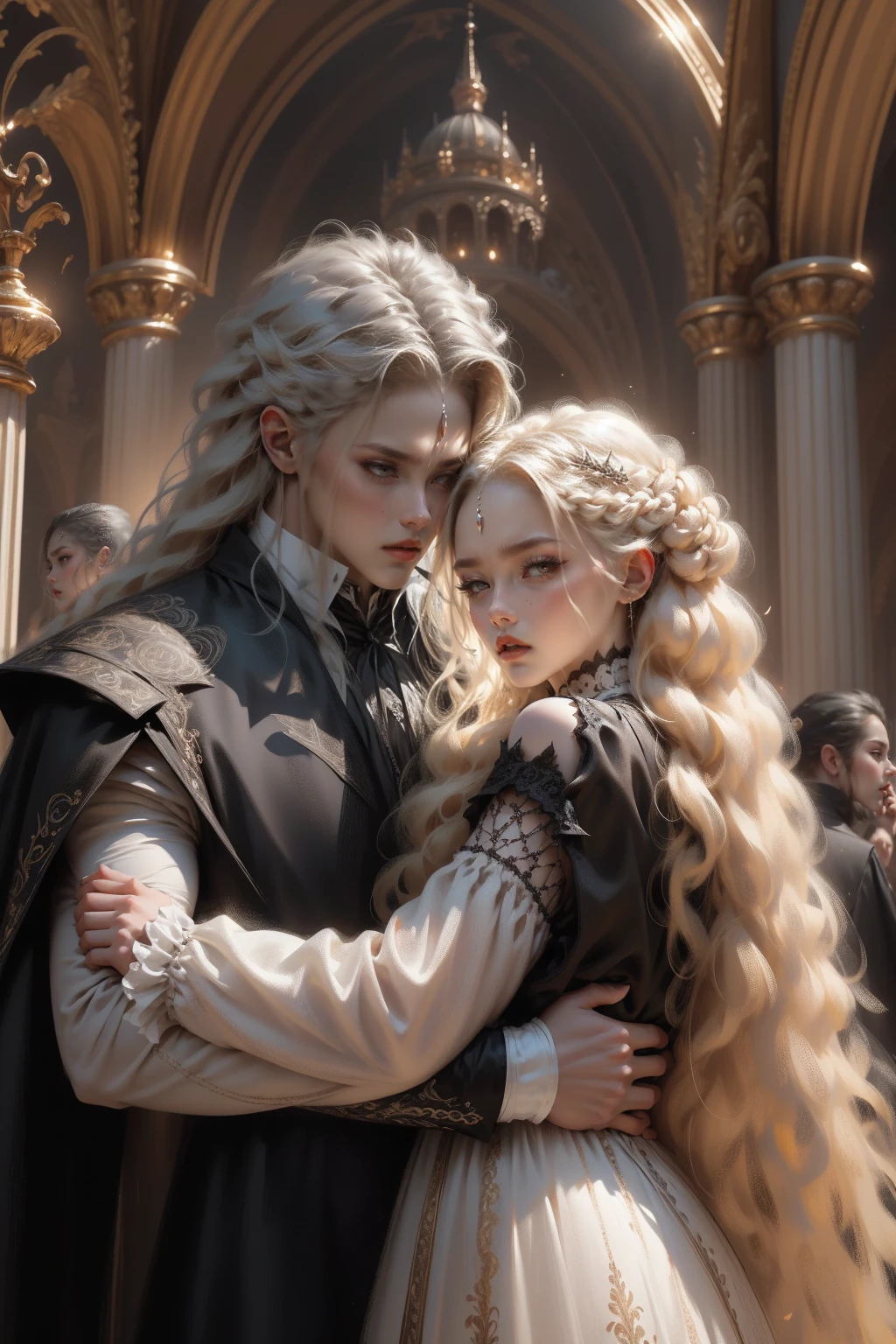 (masterpiece:1.4), (intricate:1.2), (detailed:1.2), (vibrant colors:1.2), BREAK, (gothic:1.2), (tragic:1.3), (romantic:1.3), (fantasy:1.0), BREAK, (pale skinned girl with very long blonde hair and strong hairy man with black hair:1.2), (white victorian dress:1.2), (blue eyes:1.4), (hug:1.2), (vampiric:1.2), BREAK, (opulent:1.2), (regal:1.0), (golden accents:1.0), (castle:1.2), (roses:1.2)