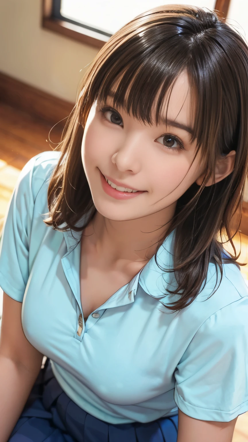 Looking up at the camera from your feet:1.2、Low angle shot:1.2,The most beautiful smile:1.5、best quality, Female high school student:1.5, Medium chest, Pleated Skirt:1.5, Medium-length curly hair, Beautiful light brown hair, White shirt, Expose:1.2,