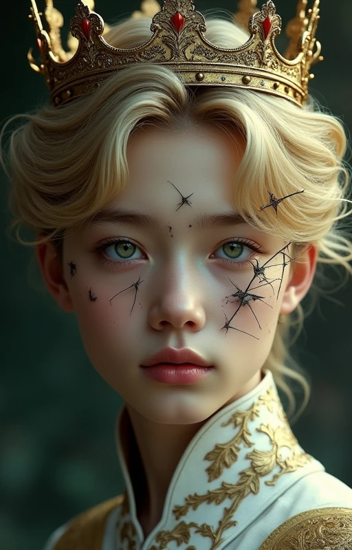 Jungkook. Korean boy with blond hair, greeneyes. A prince with crowns and royal clothes. Half of the face covered in thorns. Thorns in half of the photo. Thorns covering half of the prince's face.
