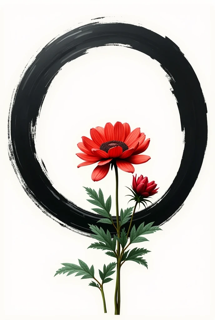 Incomplete black Zen circle made with a brush with a red Gomphrena globosa with leaves in the center