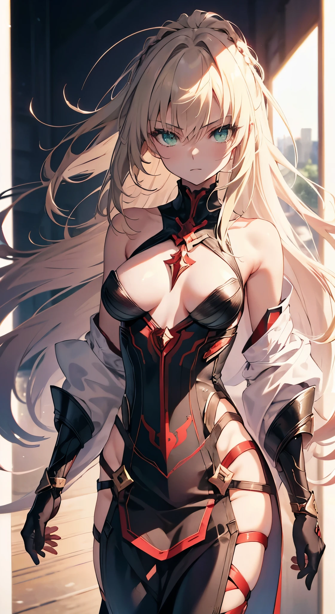 1girl, 1 female, Mordred, Fate/Grand Order, anime style, ultra realistic, high detail, sexy pose, sexy, beautiful, exposed skin, slender, skinny, exposed breast, large breast, nipples, nude, nudity, absurdres, high res, ultrasharp, 8K, UHD, retina, masterpiece, accurate, anatomically correct, perfect anatomy, textured skin, super detail, high details, high quality, award winning, best quality, high res, looking at viewer, detailed eyes, four fingers and one thumb per hand, perfect hands, perfect finger, two arms only, no clothes, revealing, blonde hair, green eyes