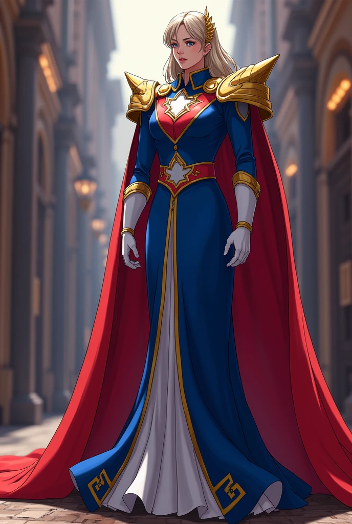 ALL Might&#39;s wedding dress from my hero academia . More similar to All Might with blue and red tones , with the characteristics of the All Might uniform and clothing designs