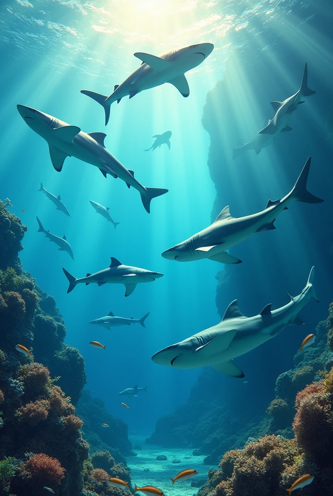 Various types of 3D sharks swimming in crystal clear waters