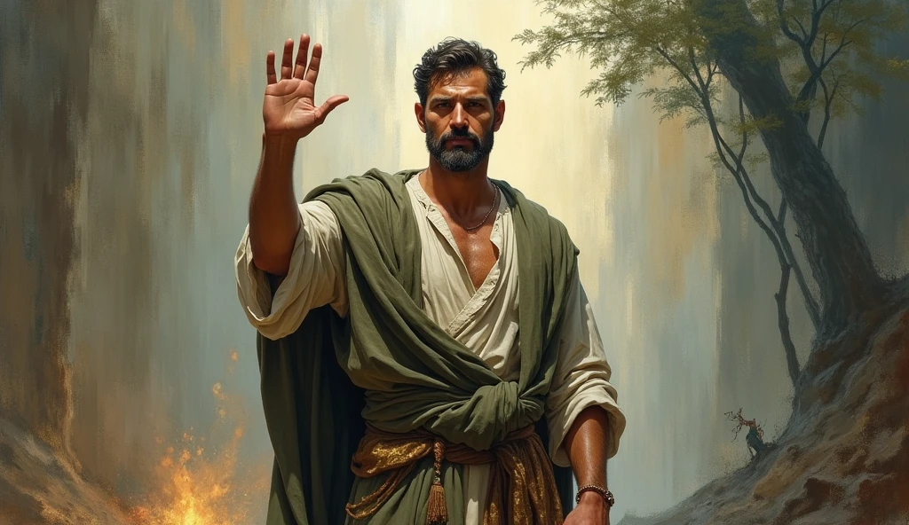 A male Stoic philosopher, around 2, with an attractive physique, slightly tanned skin, and a short, well-trimmed beard, stands in a firm and confident pose. He is wearing classic tunics in soft earthy tones—gray and olive green—with subtle gold or copper details, draping gently over his body and subtly revealing one shoulder. The philosopher raises one hand in a “stop” gesture, symbolizing the establishment of clear boundaries. The scene is divided: one side is serene and orderly, representing healthy relationships, while the other side is darker and chaotic, symbolizing disrespectful and toxic situations. His expression combines determination and calm, reflecting the strength required to set boundaries and the peace that comes from distancing oneself from harmful influences. The scene is painted in an impressionist style, with dramatic brushstrokes highlighting the contrast between the peaceful and chaotic environments.