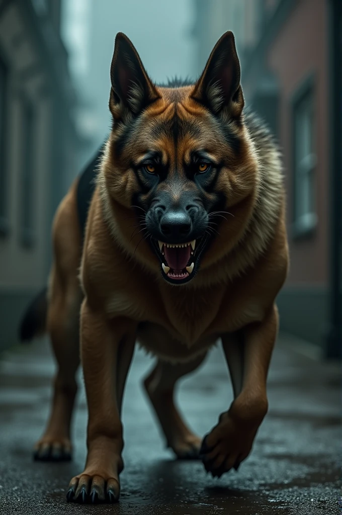 A German Shepherd with a solid, muscular build and an intense, hostile expression. The dog’s well-defined muscles are visible as it adopts a defensive, snarling stance in a dark, foreboding street or alley.”