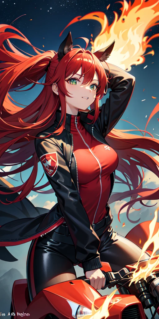 1 person,woman,Medium long hairstyle,Red Hair,Blue Flame, Vortex of flames,wallpaper, Wind景,Depth of written boundary, night, Particles of light, light, Side light, Thighs,****, cloud,Gaze, Large Breasts, Green Eyes, Horse ears, Bright smile,Open your mouth,Wind,Riding a red motorcycle,vehicle,Driving,Straddle,Riders jacket,Riders pants,sunglasses,