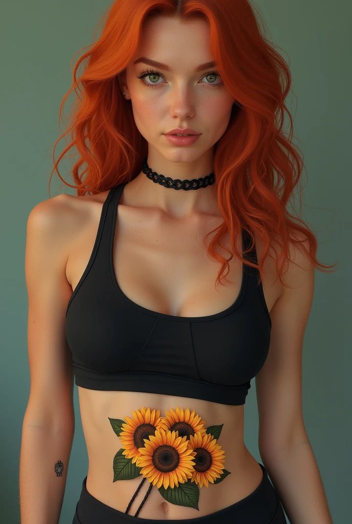 ginger wavy hair, sea green eyes, 1 girl, wearing a black sports bra, a tattoo of 3 sunflowers in a line going up the left side of her stomach the middle of the bottom flower covering up a scar from a gunshot