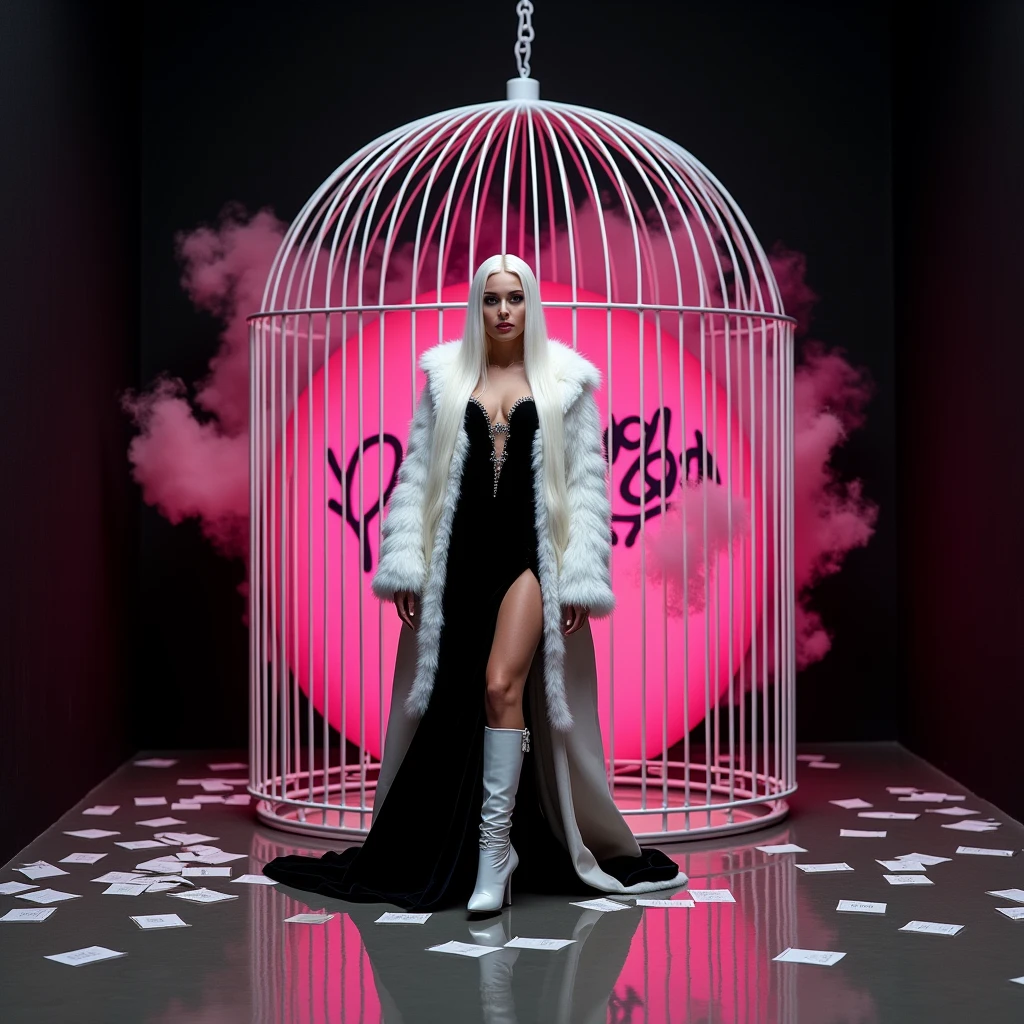 A woman with long white hair,She will wear a very luxurious velvet dress and a white fur coat,a white futuristic boot, the black background and there will be pink smoke,I want graffiti that says Y2K XOXO on a pink background ,I want her without sensuality posing inside the cage,I want water on the floor with several love letters,I want her posing like a model, show the image from afar,I want her beautiful like a model