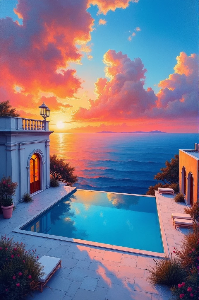 Vibrant Ink And Luministic Oil Painting with an iridescent wash, in the style of Andrew Macara & Andreas Achenbach & Erin Hanson, Greek Architecture Courtyard with a large pool overlooking the ocean, small trees, waves & whitewater, sunset illuminating dynamic cumulus clouds, strong use of white with bold red and blue, light blue and terracotta light brown, hyperdetailed, cinematic lighting, long shadows, saturated contrast, rough edges, abstract painting, fragmented realism, expressionism, hard-edge painting, emotional gestural strokes --ar 9:16 --c 11 --s 555 --v 5