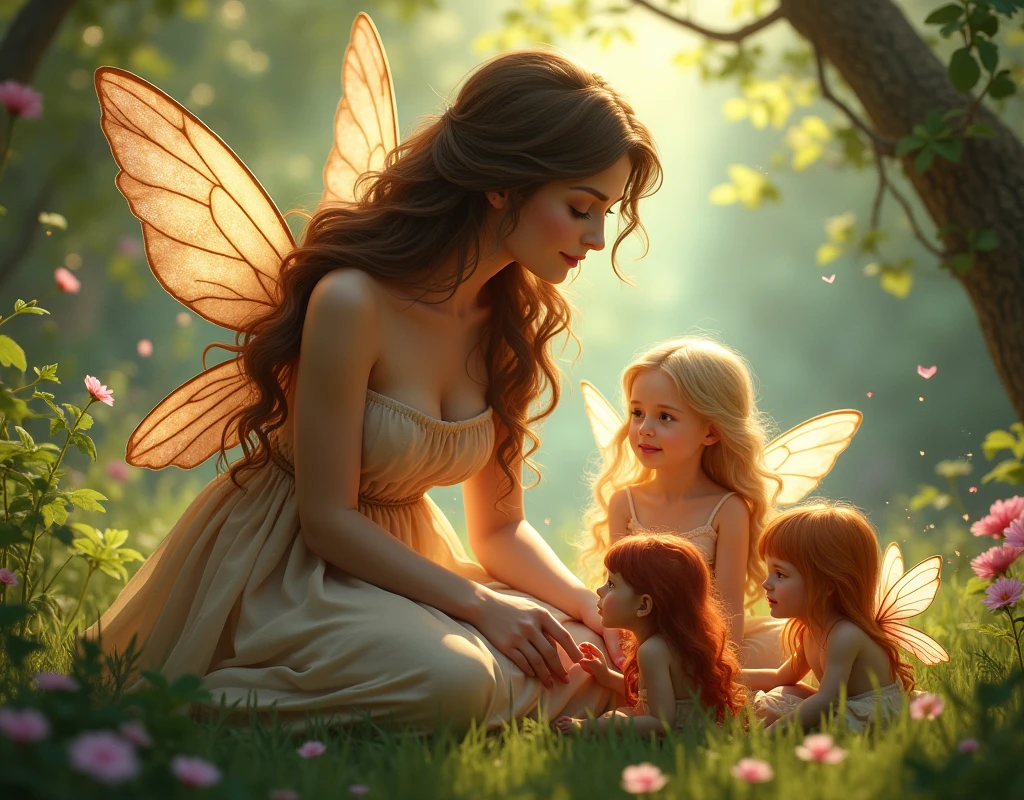 A brunette fairy mommy, taking care of her little fairies she had blond children, redheads, brown
