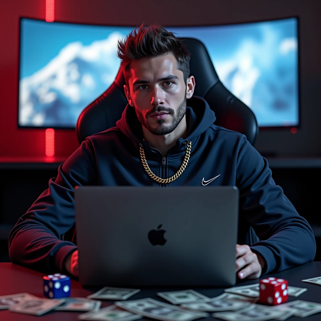 high resolution, ultra detaild), (cinematic), (ultra HD), seen from the front Alone, white skin tone nike tracksuit,short hair gold chain around the neck , goatee on chin sitting gaming chair macbook on lap, in the background a curved screen monitor,, 2 dice on the floor, one blue and one red, a lot of money on the floor, de casino,