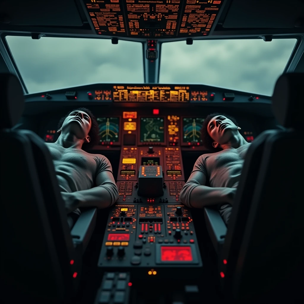 In the dimly lit cockpit of an airplane, the two pilots are visibly dead, slumped lifelessly over the controls. Their bodies are limp, with eyes open and lifeless, skin pale and cold, as eerie shadows accentuate their hollow expressions. The cockpit is filled with a disturbing silence, broken only by the flashing red and yellow warning lights that cast a sinister glow over the scene. The control panel is chaotic, with buttons and switches in disarray, adding to the macabre atmosphere. The overall scene is dark, with a chilling sense of finality and horror, capturing the terrifying reality of the pilots' demise. (extremely detailed CG unit 8K wallpaper, Artwork, best quality, ultra-detailed, hdr:1.2, dark and terrifying atmosphere, eerie lighting, horror vibes)
