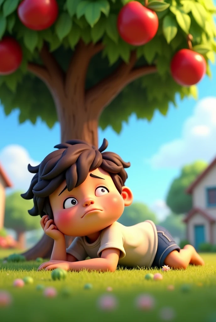 There was a boy named John who was so lazy he couldn’t even change his clothes. One day, he saw the apple tree in their yard was full of fruits. He wanted to eat some apples, but he was too lazy to climb the tree and take the fruits. So he lay down underneath the tree and waited for the fruits to fall off. John waited until he was starving, but the apples never fell. 3D cartoon